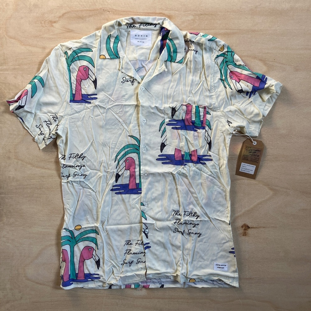 Duvin SS Button-Up Flamingo Gang Tropical Hawaiian Party Shirt